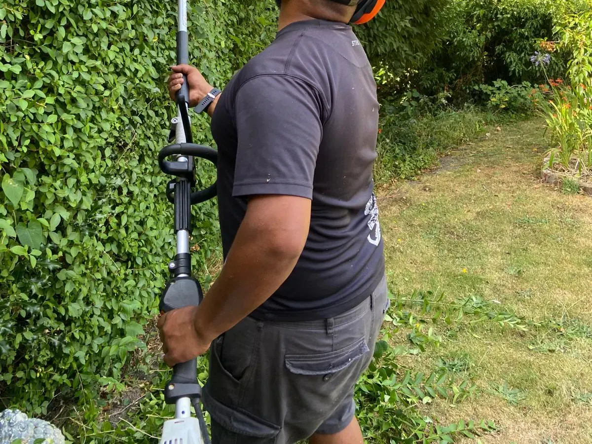 Rafi trimming the face of a tall hedge with a long-reach hedge trimmer.